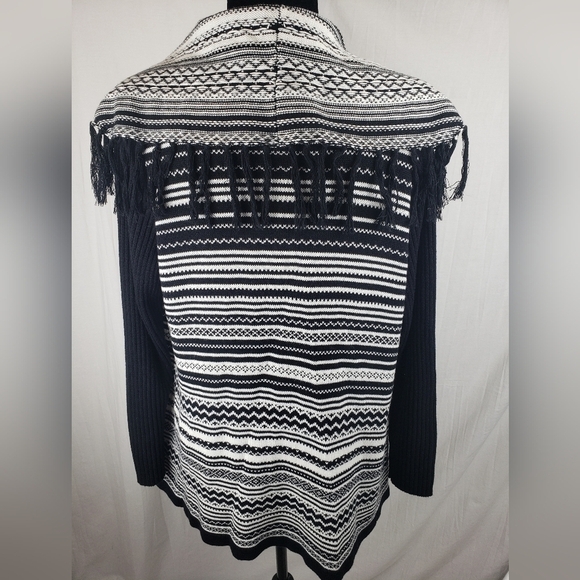 Peck & Peck Collection Black and White Fringed Collared Open Front Cardigan Sz L - Picture 6 of 10